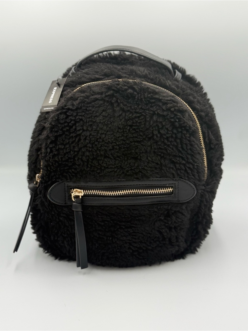 Express Black Faux Shearling Backpack with Gold Zippers - Women